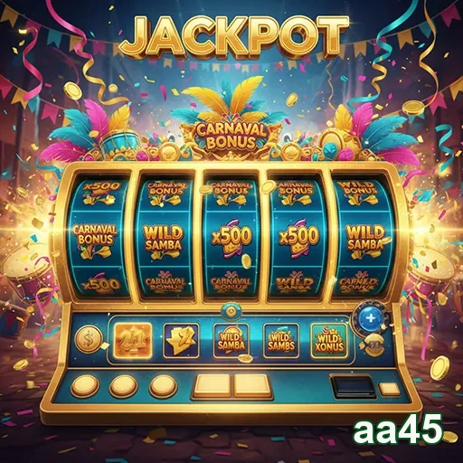 Imagem do slot 'Jackpot Carnaval' no site aa45, destacando cores vibrantes e símbolos festivos.
